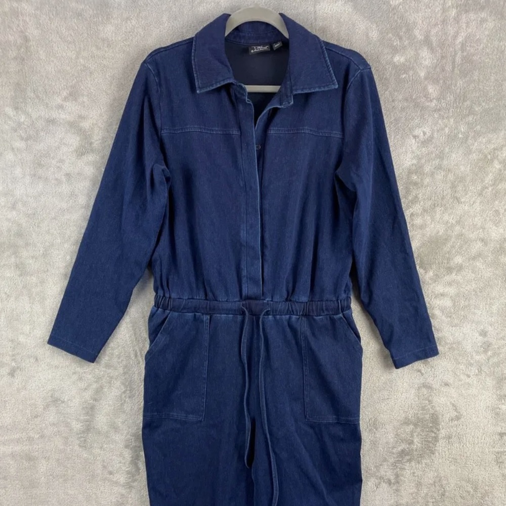 Stretchy indigo denim drawstring jumpsuit